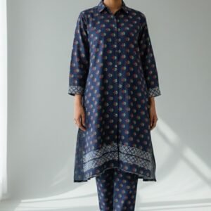 linen printed navy blue