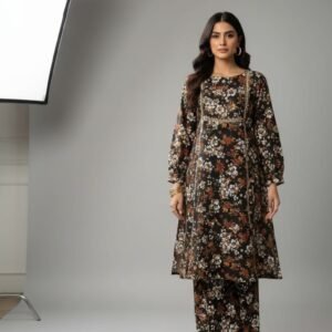 Printed khaddar 2pc dark brown